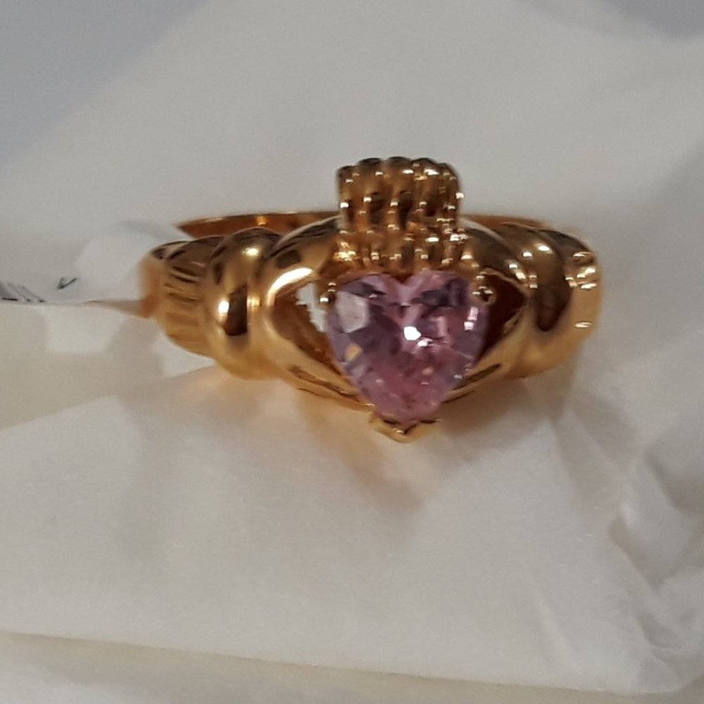 Claddaugh Ring with Genuine Cz Pink Heart 18k Plat